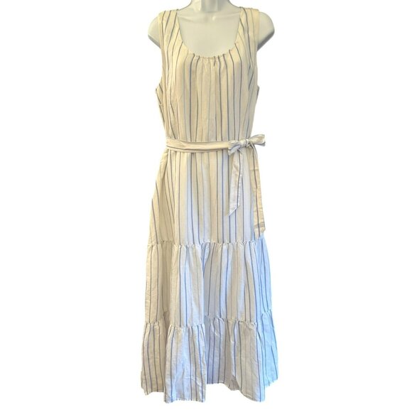 Talbots White Blue Striped Sleeveless Linen Blend Tiered Maxi Dress NWT Size 16 - Picture 1 of 11